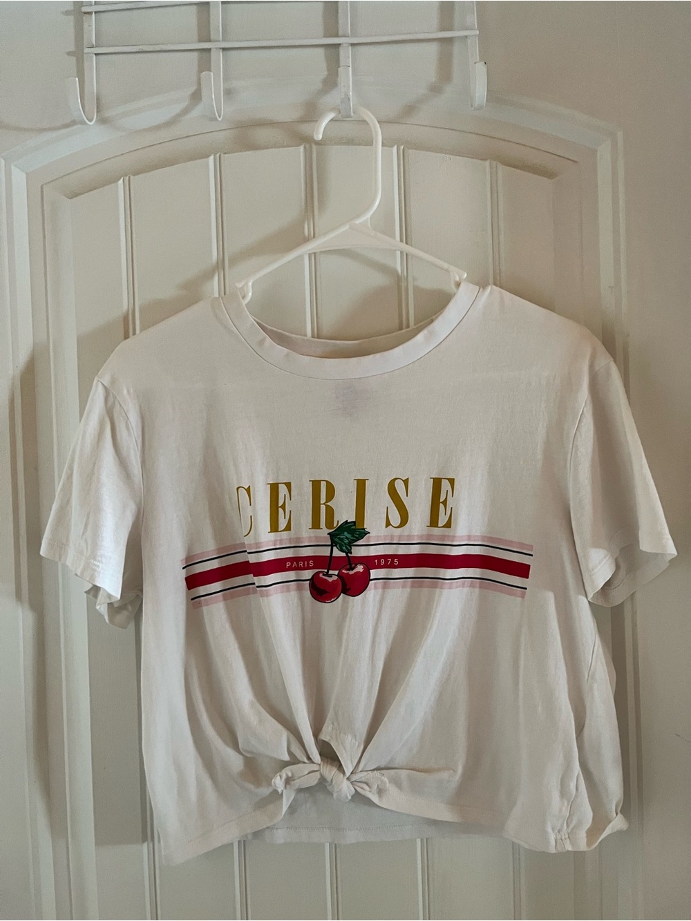 Cerise Cherry Graphic Knot Front Tee - White with Red Accent